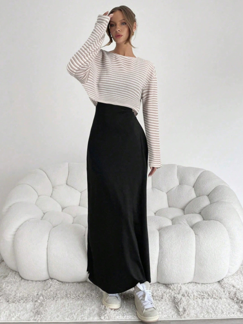 ZARA Ruihou Fall Winter American Striped Long Sleeve T Shirt and Slip Dress Set